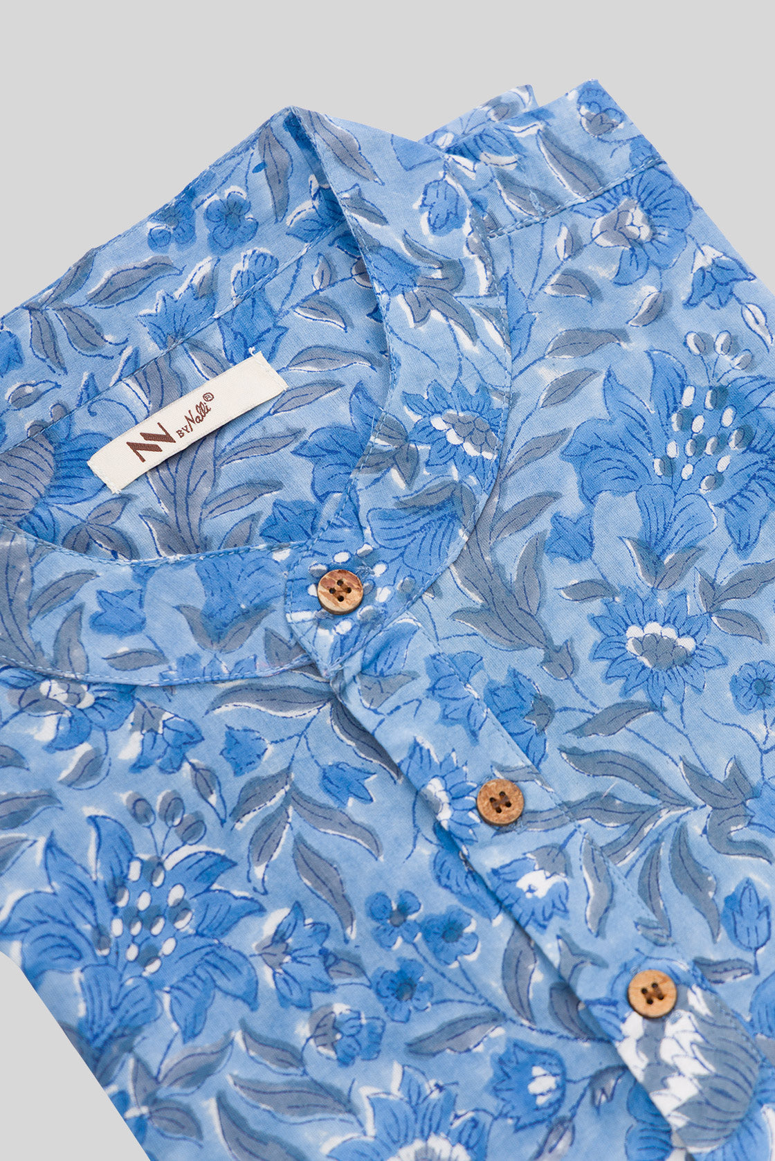 Detailed shot of Light Blue Pure Cotton Printed Mens Kurta