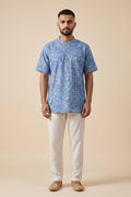 Light Blue Pure Cotton Printed Mens Kurta