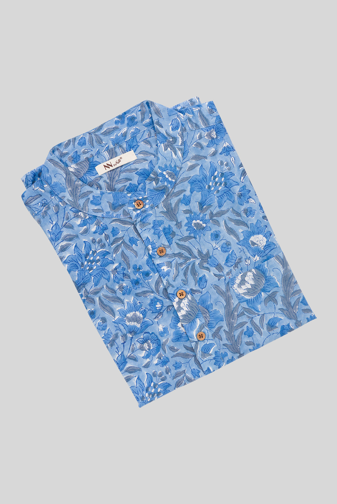 Close up blouse image of Light Blue Pure Cotton Printed Mens Kurta