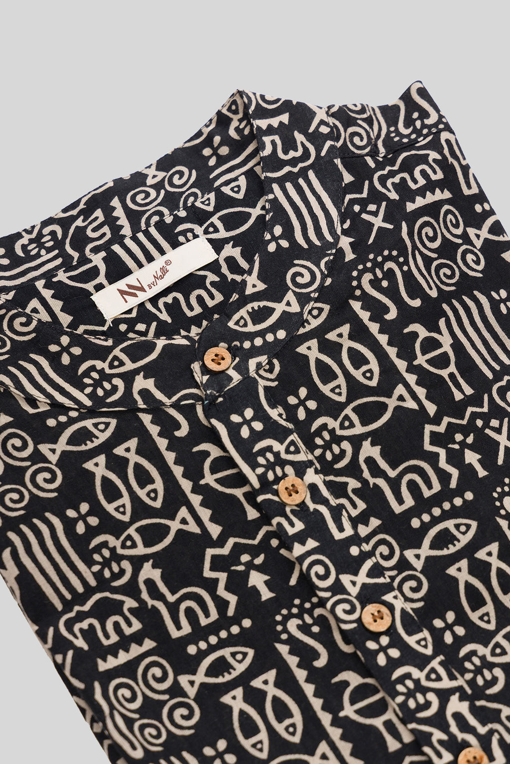 Detailed shot of Black Pure Cotton Printed Mens Kurta