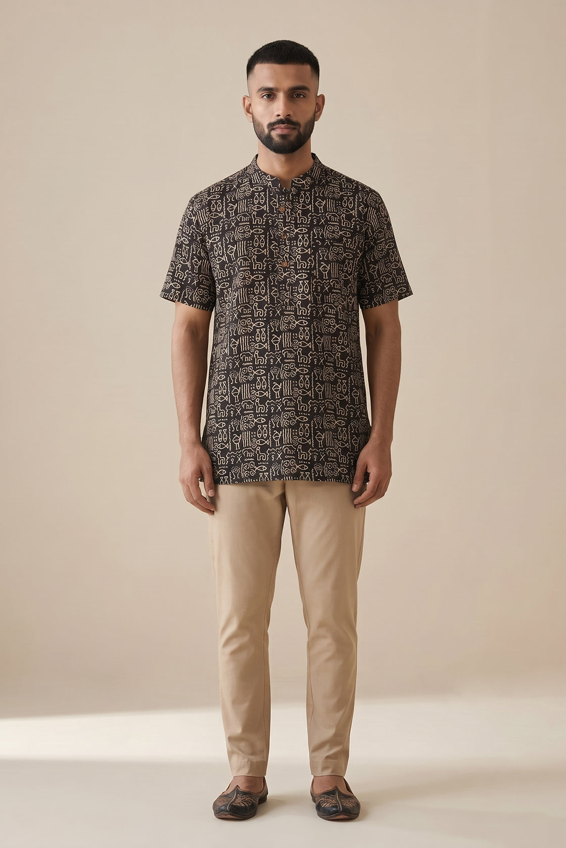 Black Pure Cotton Printed Mens Kurta