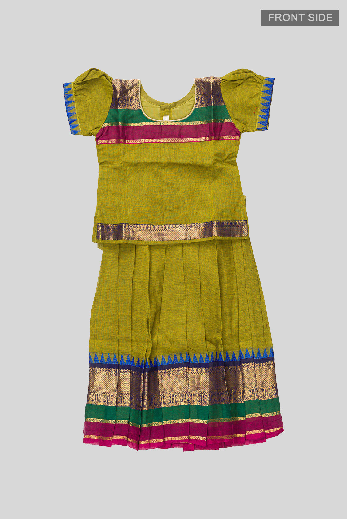 Flat lay front image of Mehandi Green Readymade Cotton Pavadai Set with Zari Butta on the body and Temple Border