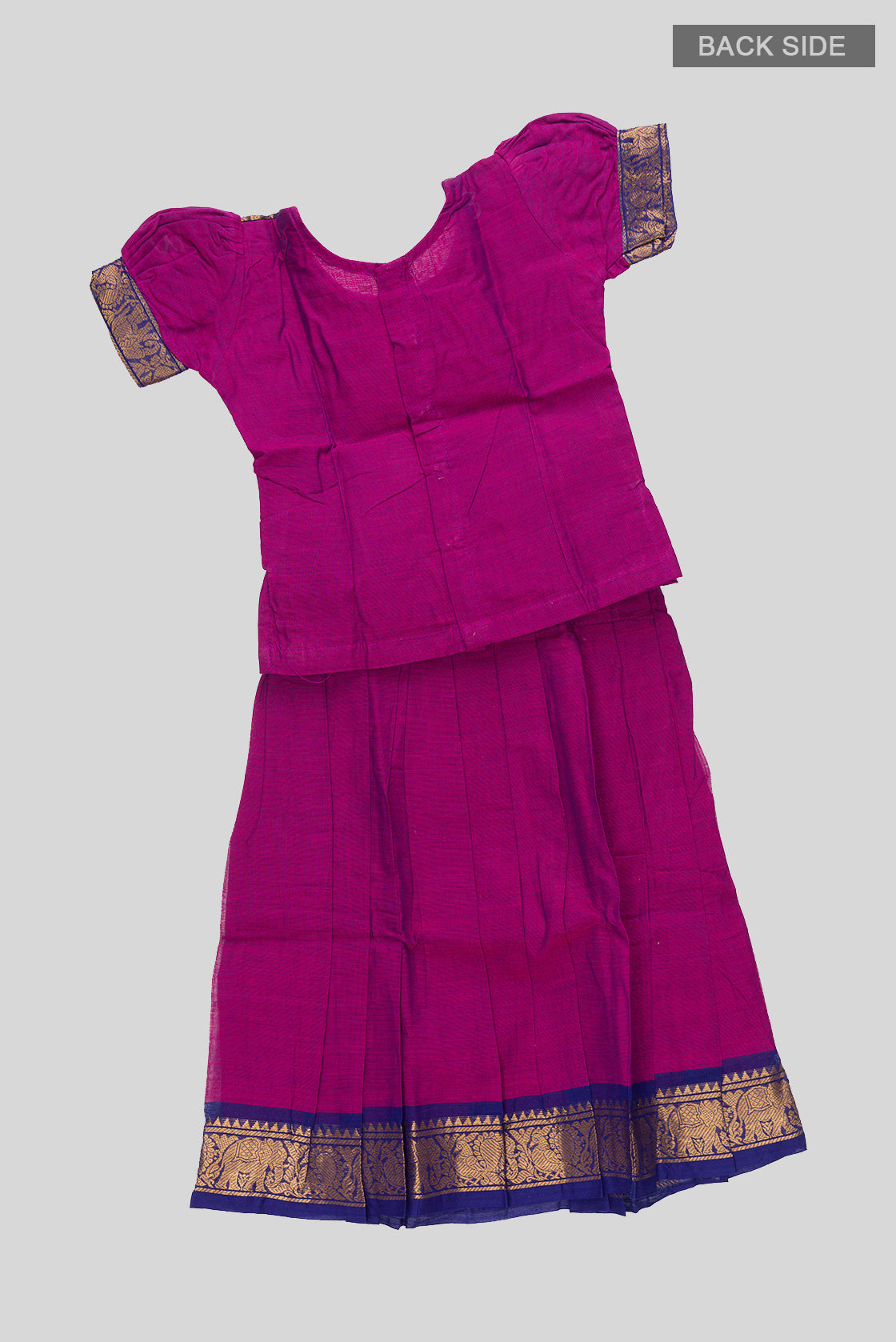Flat lay back image of Mehandi Green Readymade Cotton Pavadai Set with Zari Butta on the body and Zari Border
