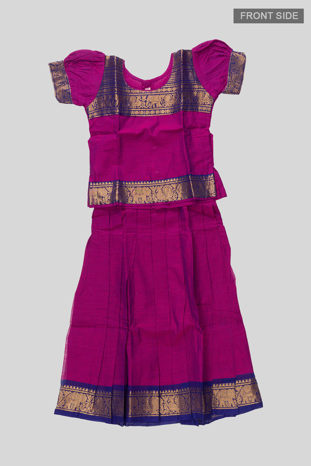 Flat lay front image of Mehandi Green Readymade Cotton Pavadai Set with Zari Butta on the body and Zari Border