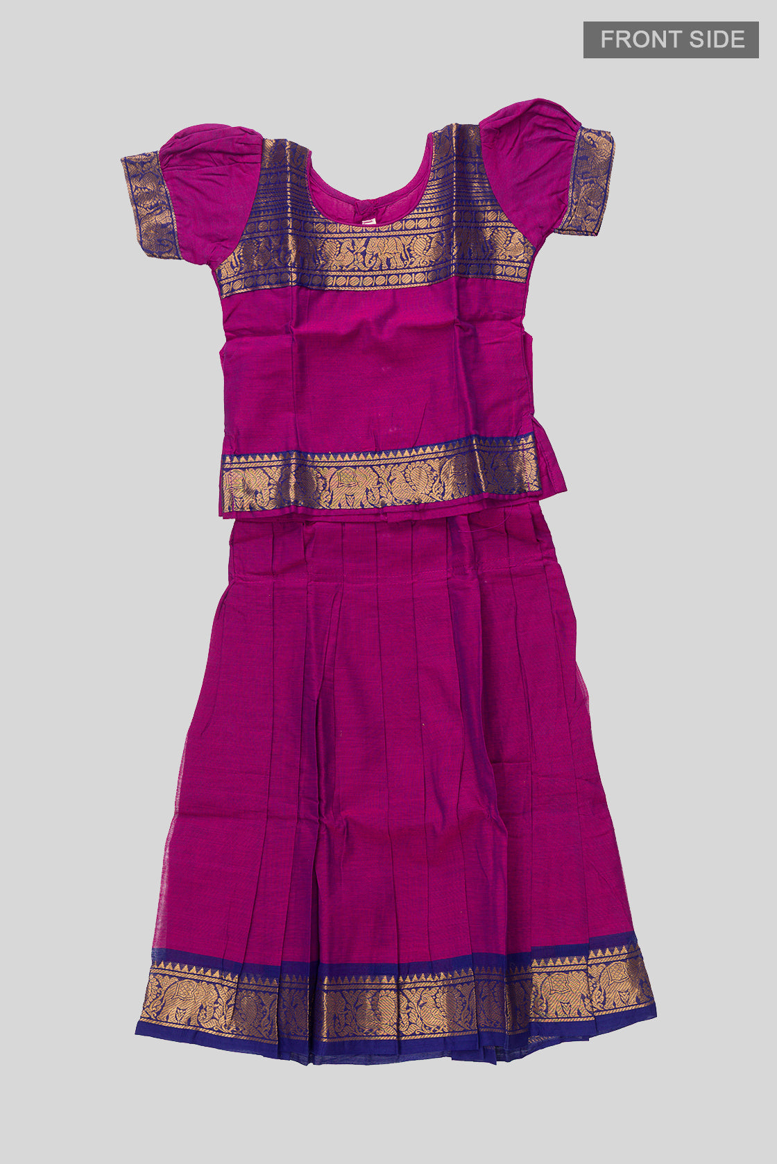 Flat lay front image of Mehandi Green Readymade Cotton Pavadai Set with Zari Butta on the body and Zari Border