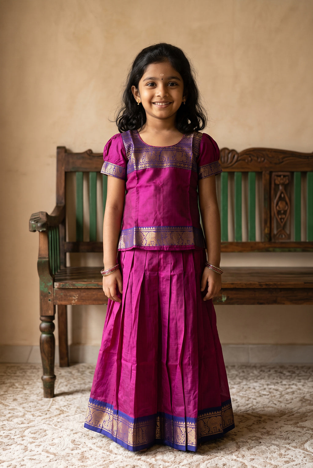 Mehandi Green Readymade Cotton Pavadai Set with Zari Butta on the body and Zari Border displayed on a mannequin