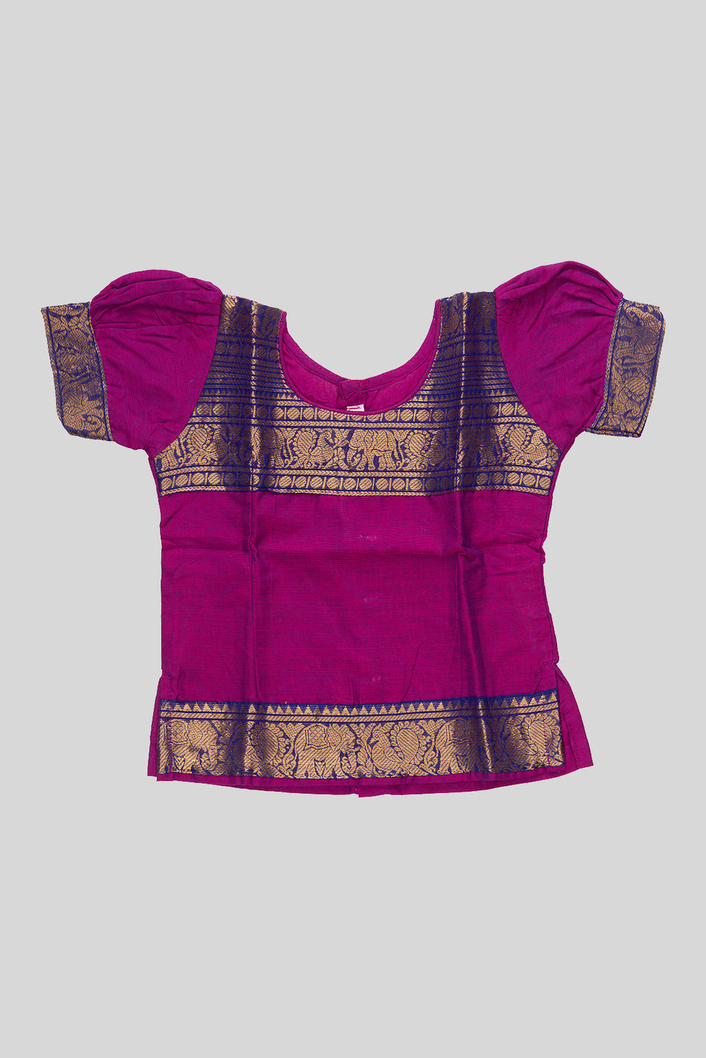 Close up blouse image of Mehandi Green Readymade Cotton Pavadai Set with Zari Butta on the body and Zari Border