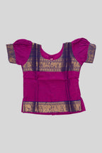 Close up blouse image of Mehandi Green Readymade Cotton Pavadai Set with Zari Butta on the body and Zari Border