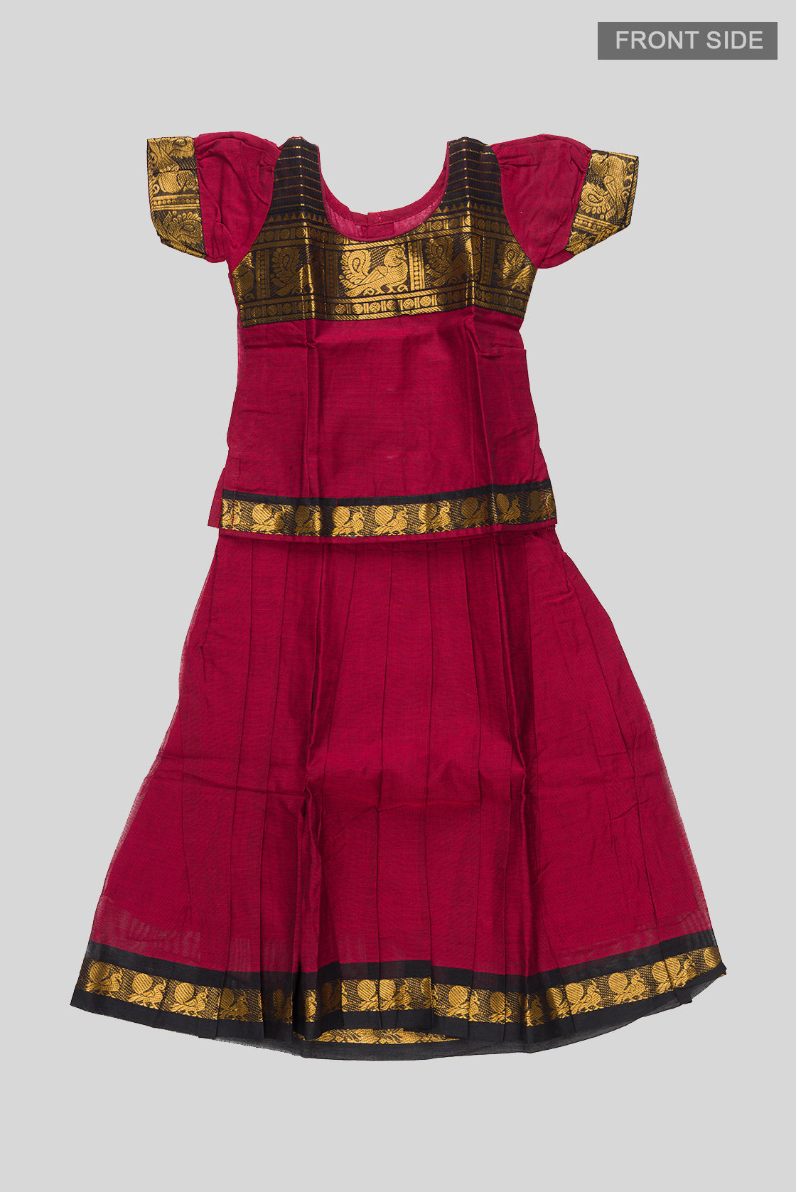 Flat lay front image of Mehandi Green Readymade Cotton Pavadai Set with Zari Butta on the body and Zari Border