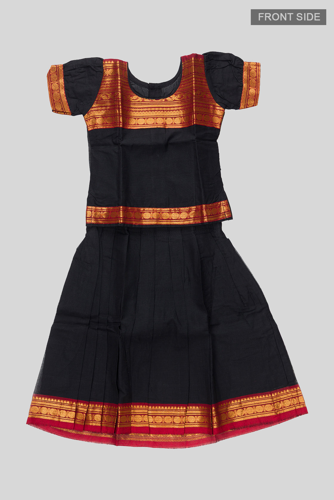 Flat lay front image of Mehandi Green Readymade Cotton Pavadai Set with Zari Butta on the body and Zari Border