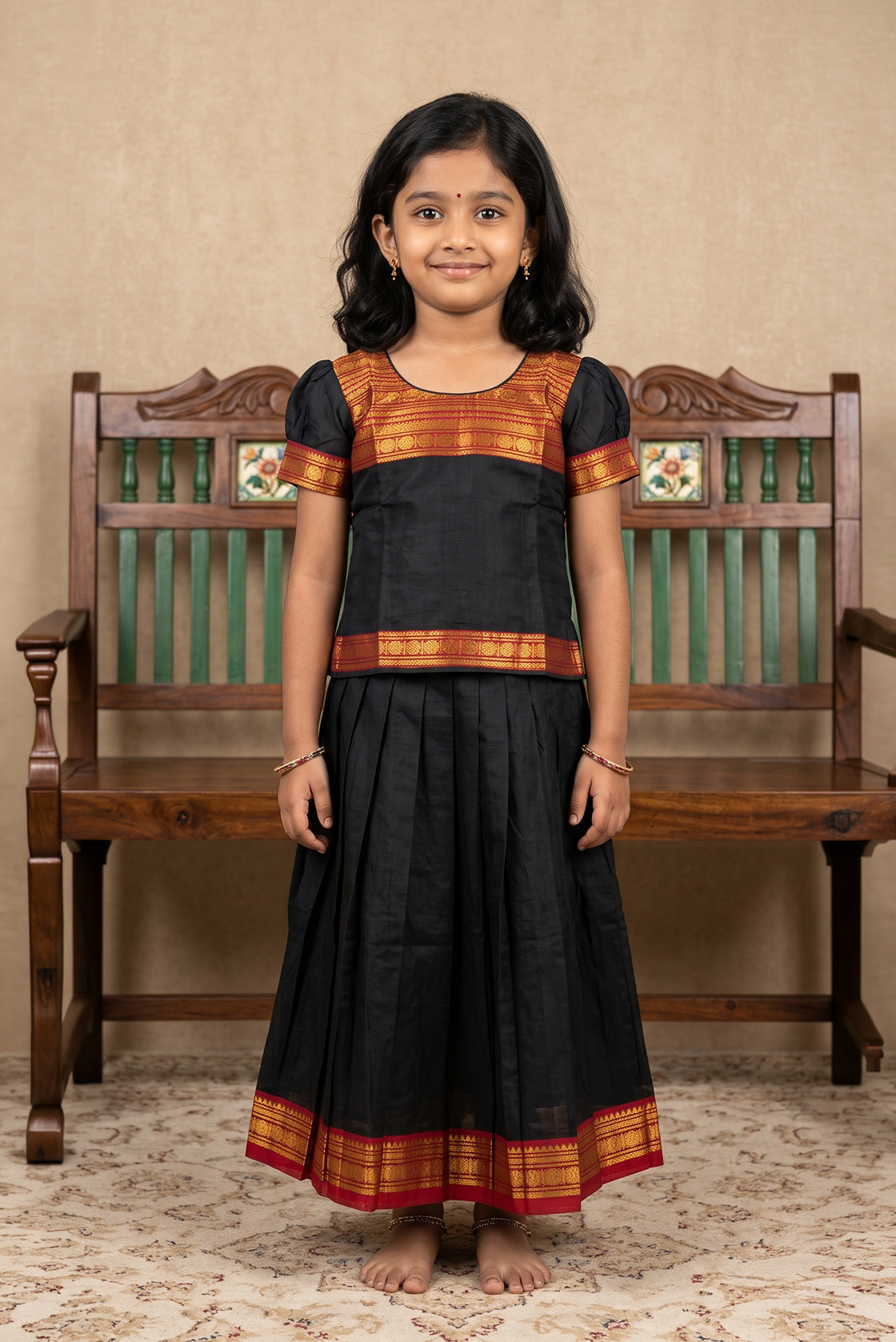 Mehandi Green Readymade Cotton Pavadai Set with Zari Butta on the body and Zari Border displayed on a mannequin