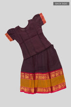 Flat lay back image of Mehandi Green Readymade Cotton Pavadai Set with Zari Butta on the body and Zari And Thread Border