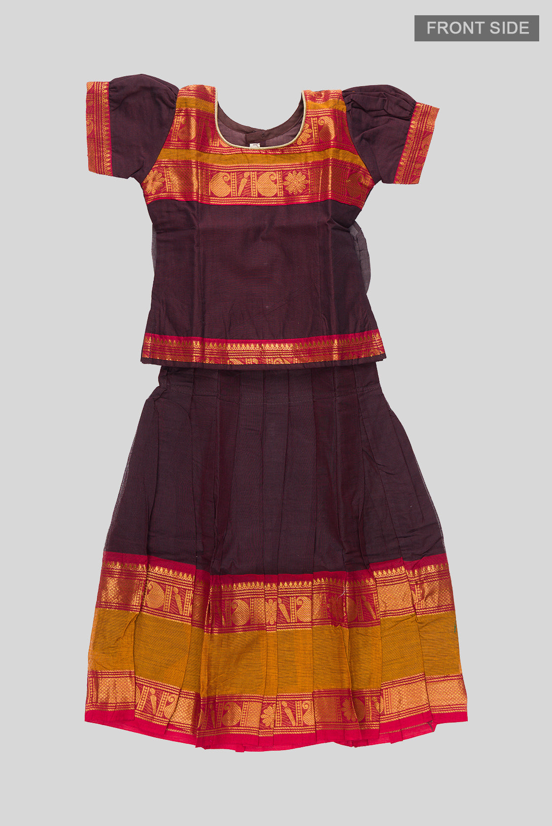 Flat lay front image of Mehandi Green Readymade Cotton Pavadai Set with Zari Butta on the body and Zari And Thread Border