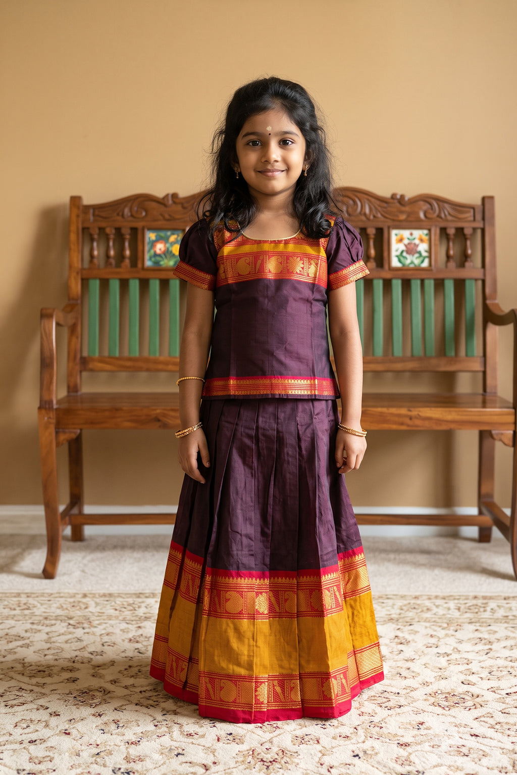 Mehandi Green Readymade Cotton Pavadai Set with Zari Butta on the body and Zari And Thread Border displayed on a mannequin