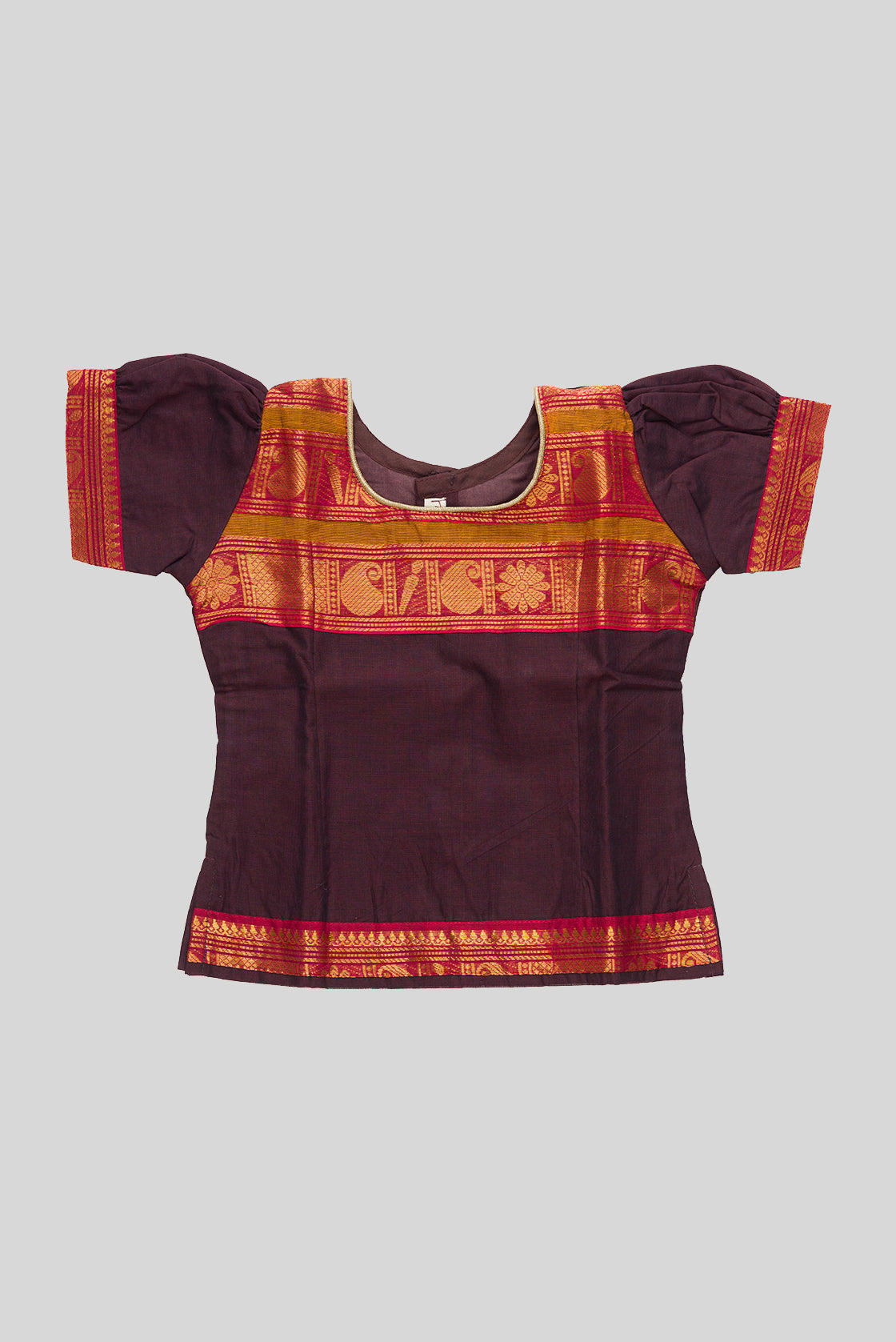 Close up blouse image of Mehandi Green Readymade Cotton Pavadai Set with Zari Butta on the body and Zari And Thread Border