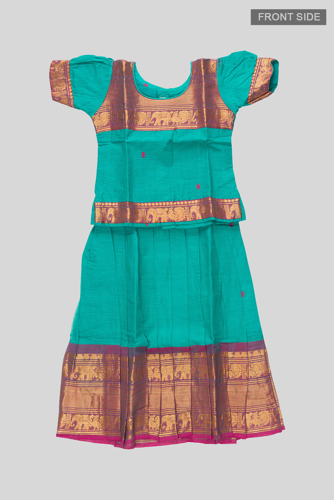 Flat lay front image of Mehandi Green Readymade Cotton Pavadai Set with Zari Butta on the body and Zari Border