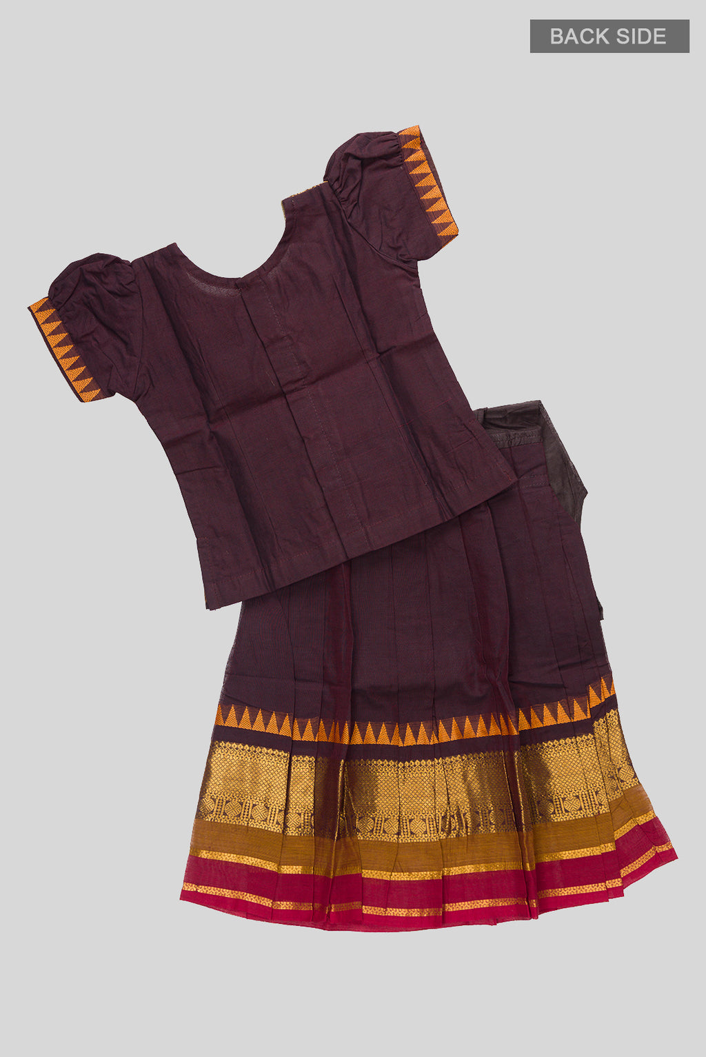Flat lay back image of Mehandi Green Readymade Cotton Pavadai Set with Zari Butta on the body and Zari And Thread Border