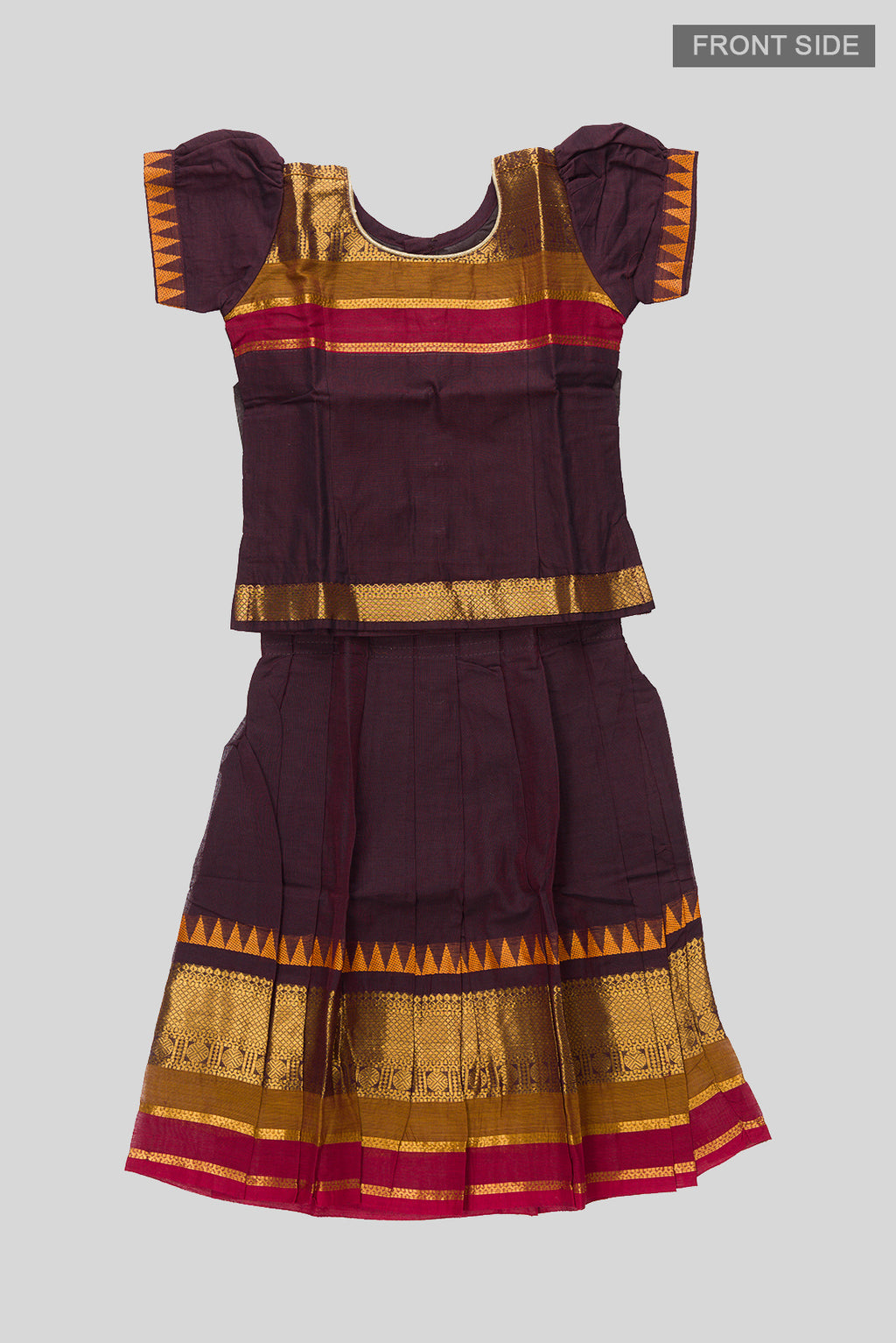 Flat lay front image of Mehandi Green Readymade Cotton Pavadai Set with Zari Butta on the body and Zari And Thread Border