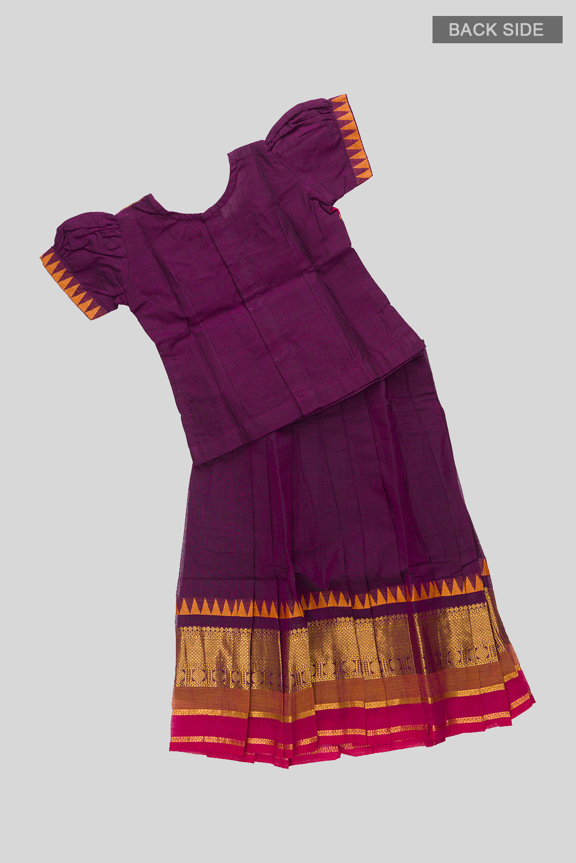 Flat lay back image of Mehandi Green Readymade Cotton Pavadai Set with Zari Butta on the body and Zari And Thread Border