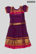 Flat lay front image of Mehandi Green Readymade Cotton Pavadai Set with Zari Butta on the body and Zari And Thread Border
