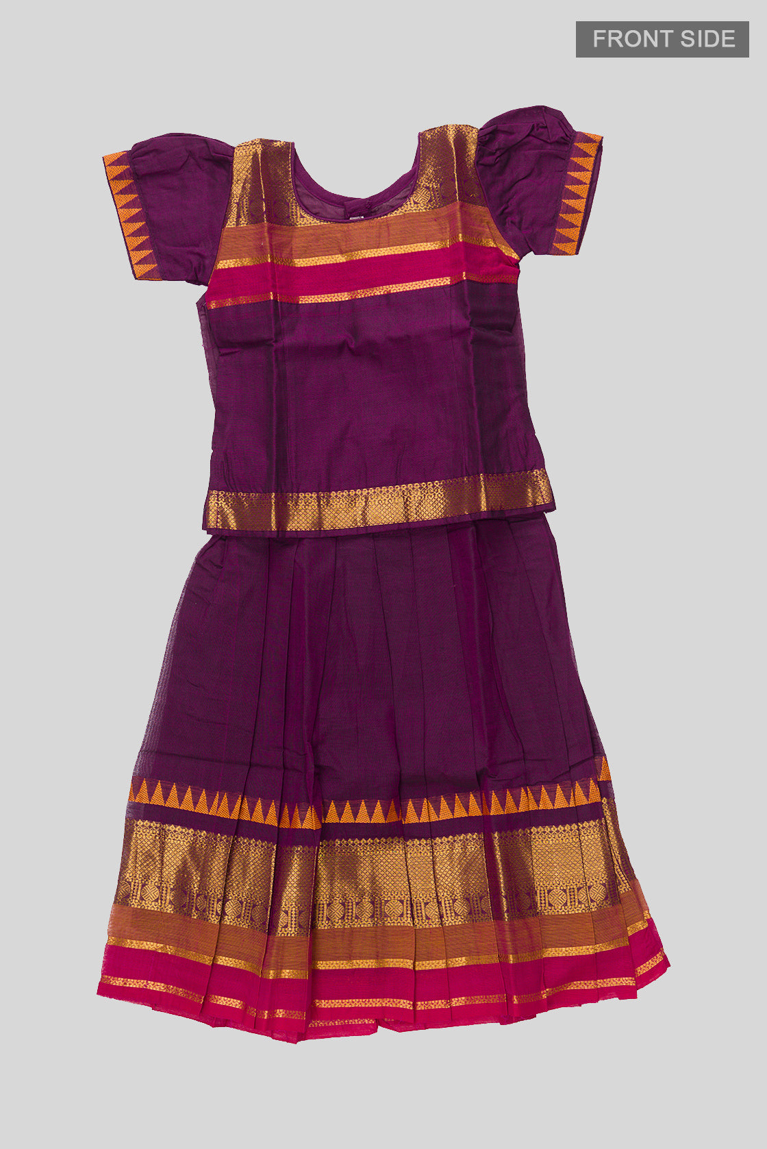 Flat lay front image of Mehandi Green Readymade Cotton Pavadai Set with Zari Butta on the body and Zari And Thread Border