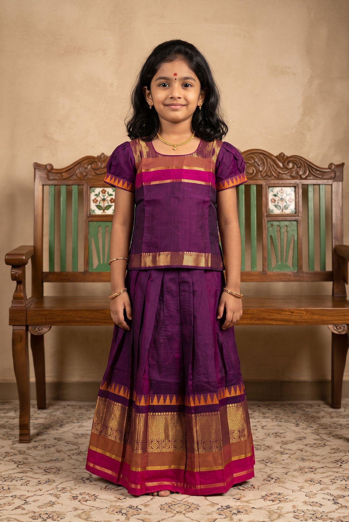 Mehandi Green Readymade Cotton Pavadai Set with Zari Butta on the body and Zari And Thread Border displayed on a mannequin