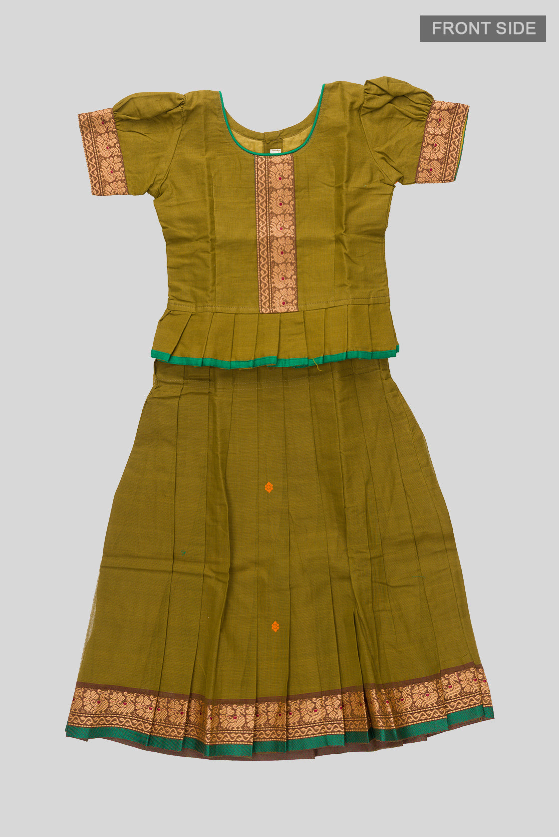 Flat lay front image of Mehandi Green Readymade Cotton Pavadai Set with Zari Butta on the body and Thread Border