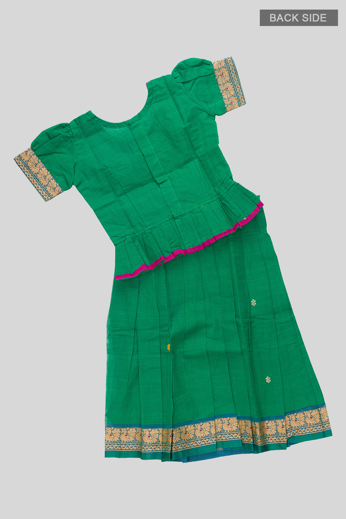 Flat lay back image of Mehandi Green Readymade Cotton Pavadai Set with Zari Butta on the body and Thread Border