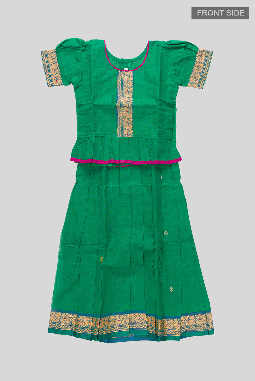 Flat lay front image of Mehandi Green Readymade Cotton Pavadai Set with Zari Butta on the body and Thread Border