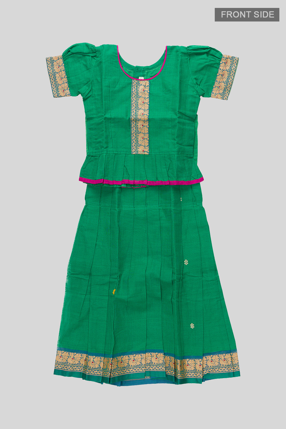 Flat lay front image of Mehandi Green Readymade Cotton Pavadai Set with Zari Butta on the body and Thread Border