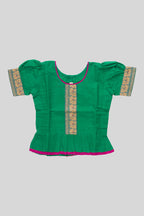 Close up blouse image of Mehandi Green Readymade Cotton Pavadai Set with Zari Butta on the body and Thread Border