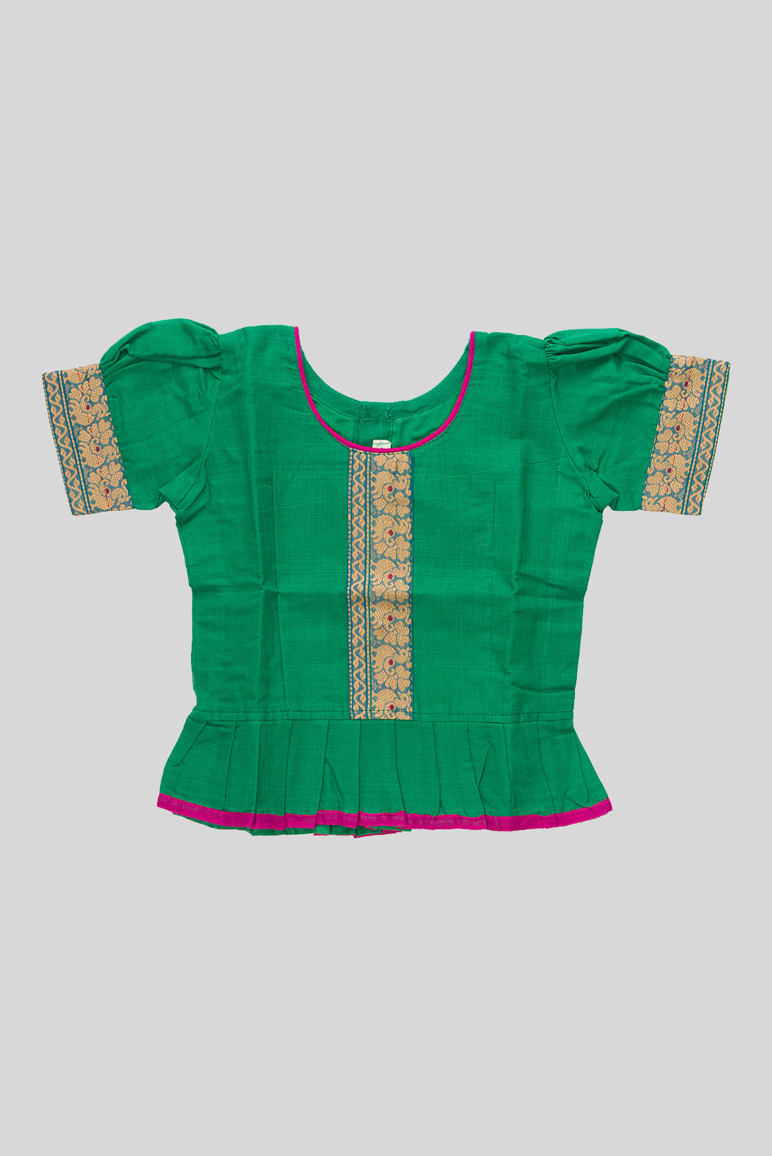 Close up blouse image of Mehandi Green Readymade Cotton Pavadai Set with Zari Butta on the body and Thread Border