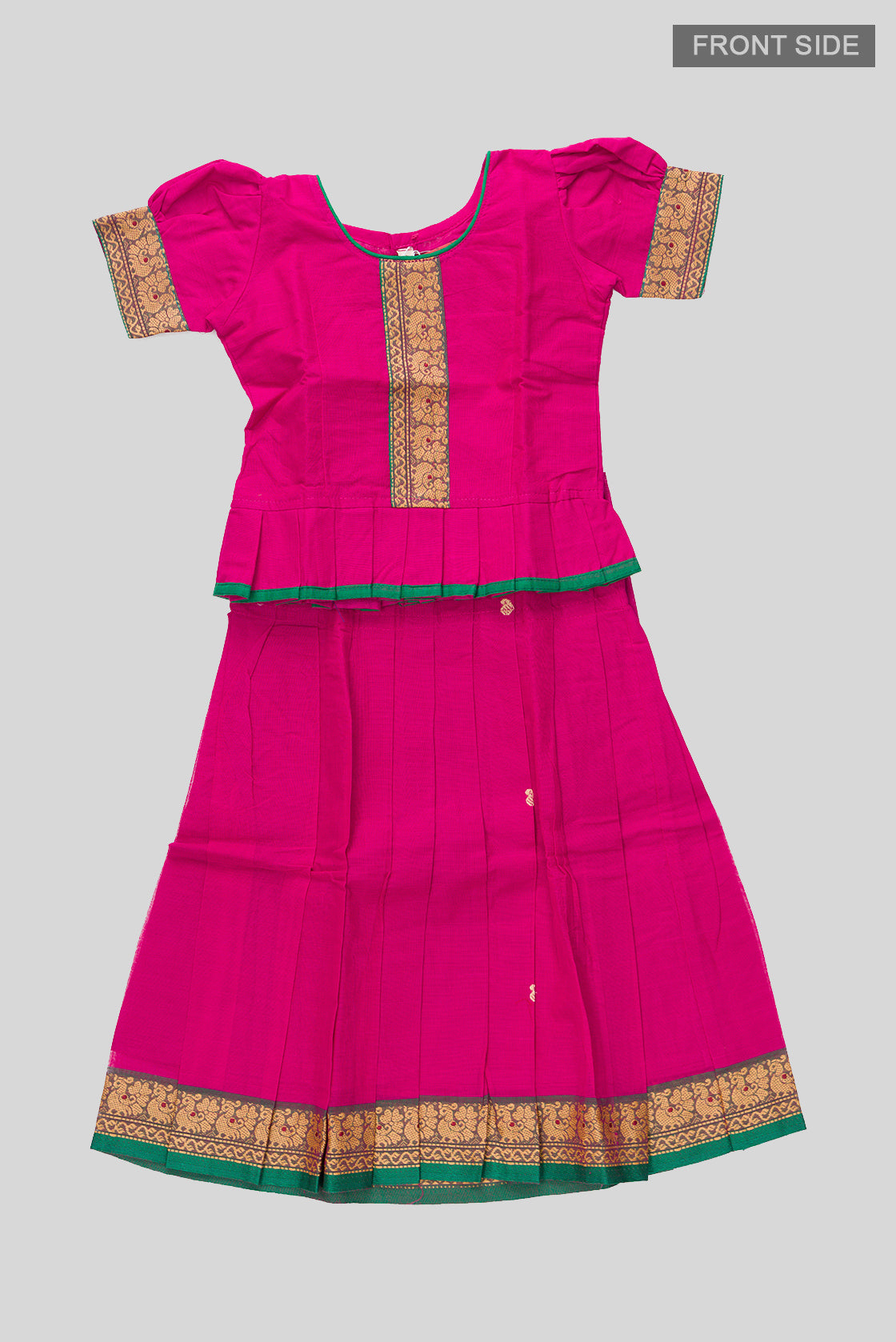Flat lay front image of Mehandi Green Readymade Cotton Pavadai Set with Zari Butta on the body and Thread Border