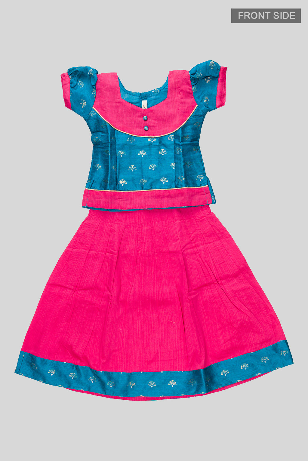 Flat lay front image of Pink Readymade Cotton Pavadai Set with Zari Butta on the body and Fancy Border