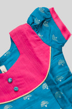 Close up sleeve details of Pink Readymade Cotton Pavadai Set with Zari Butta on the body and Fancy Border