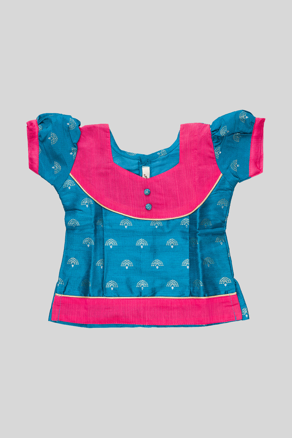 Close up blouse image of Pink Readymade Cotton Pavadai Set with Zari Butta on the body and Fancy Border