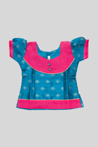 Close up blouse image of Pink Readymade Cotton Pavadai Set with Zari Butta on the body and Fancy Border