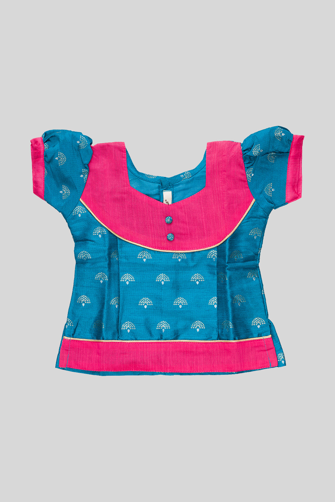 Close up blouse image of Pink Readymade Cotton Pavadai Set with Zari Butta on the body and Fancy Border