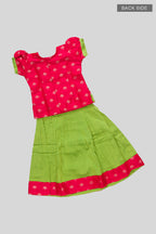 Flat lay back image of Parrot Green Readymade Cotton Pavadai Set with Zari Butta on the body and Fancy Border