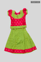 Flat lay front image of Parrot Green Readymade Cotton Pavadai Set with Zari Butta on the body and Fancy Border