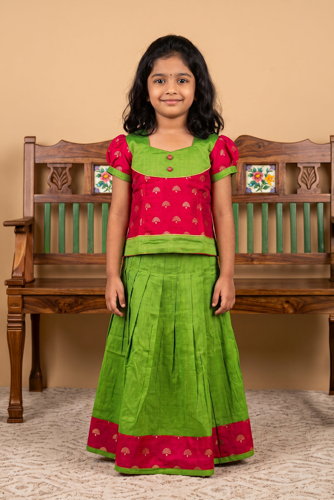 Parrot Green Readymade Cotton Pavadai Set with Zari Butta on the body and Fancy Border displayed on a mannequin