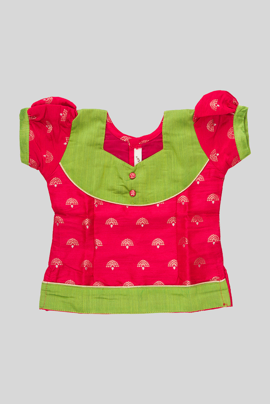 Close up blouse image of Parrot Green Readymade Cotton Pavadai Set with Zari Butta on the body and Fancy Border