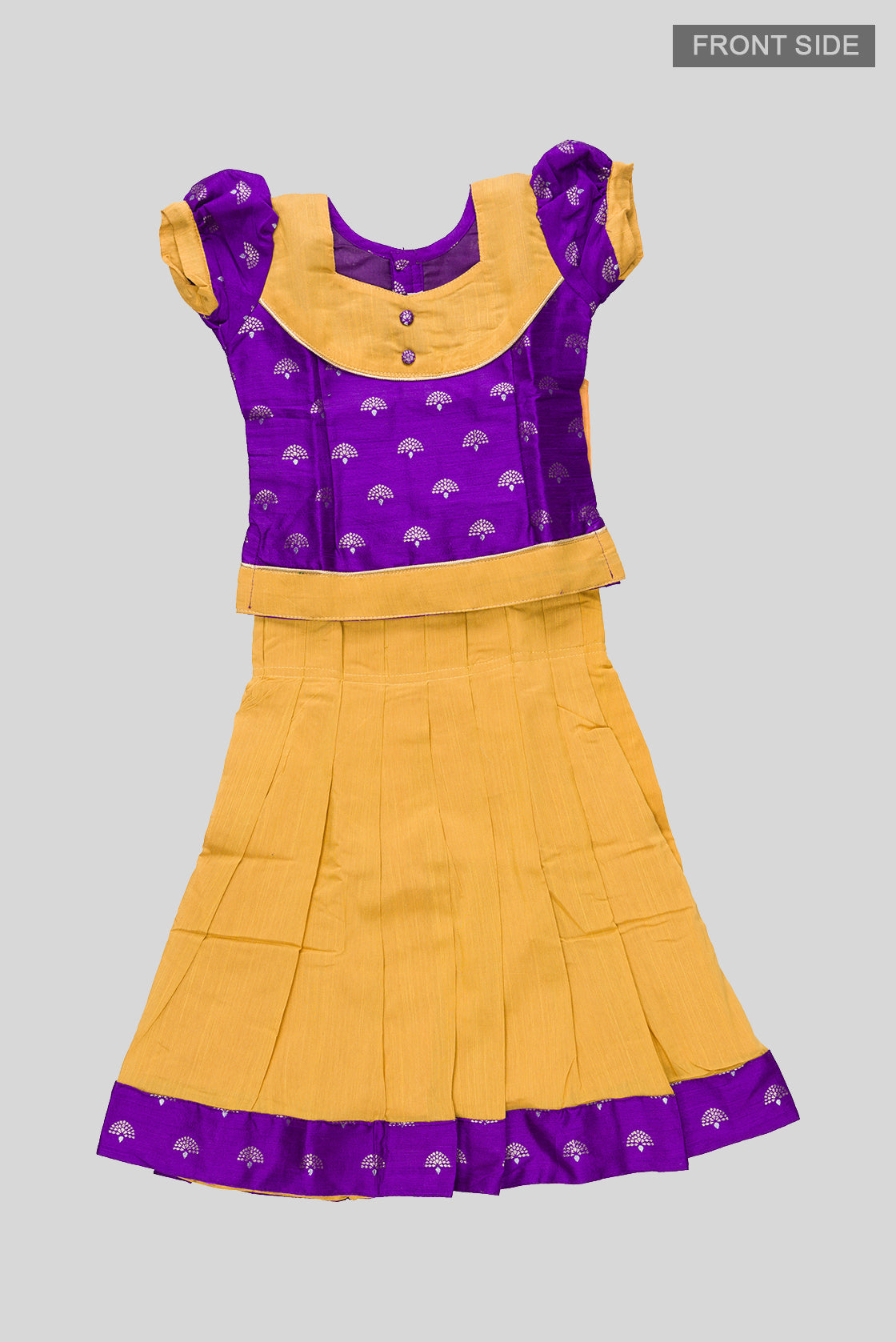 Flat lay front image of Yellow Readymade Cotton Pavadai Set with Zari Butta on the body and Fancy Border