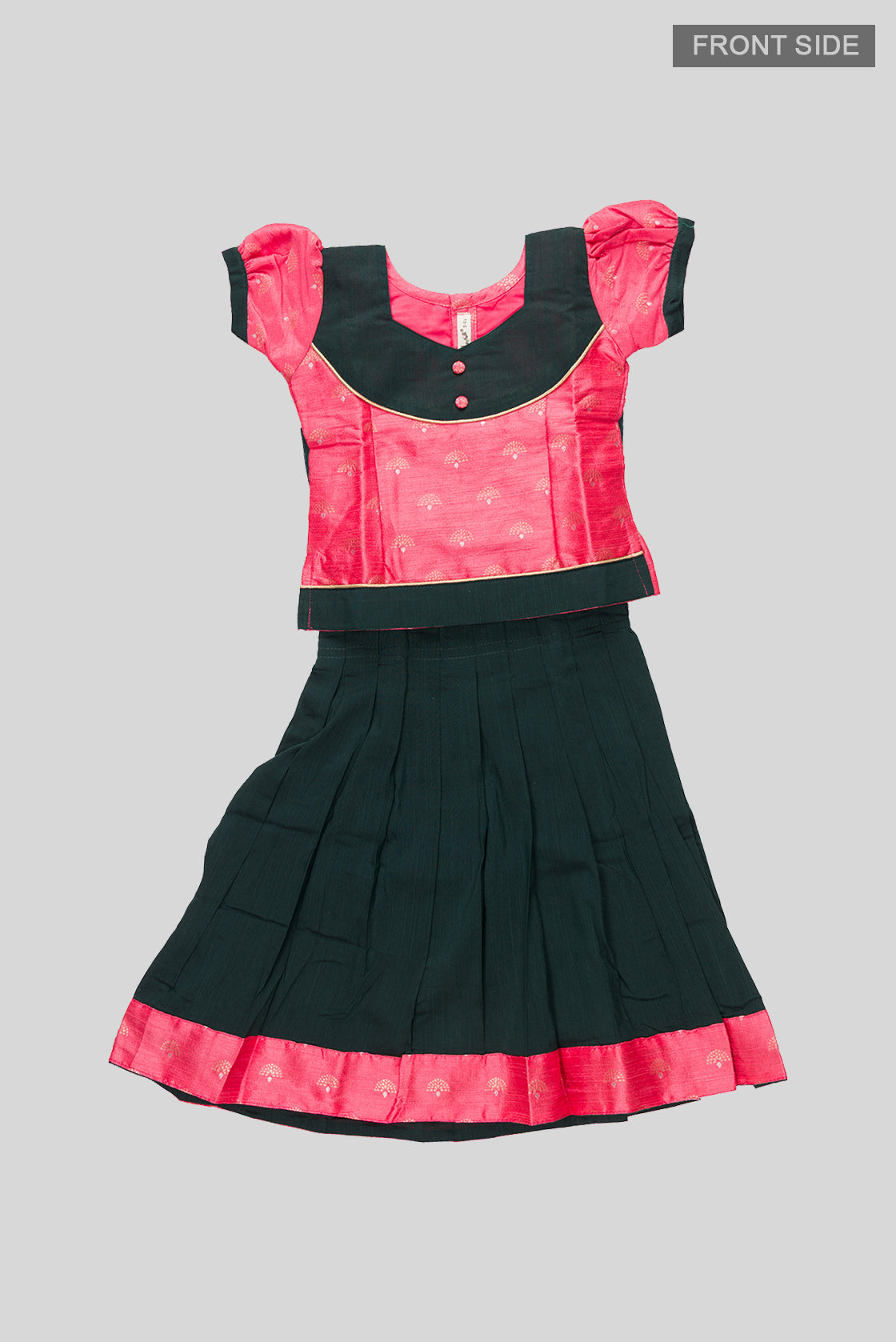 Flat lay front image of Bottle Green Readymade Cotton Pavadai Set with Zari Butta on the body and Fancy Border