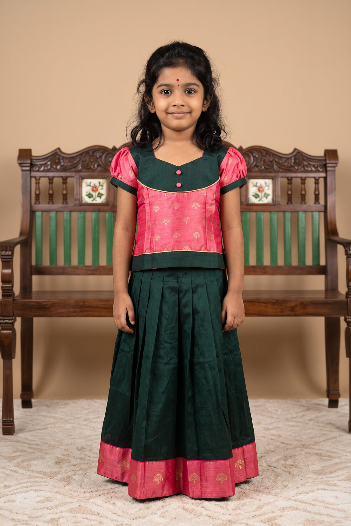 Bottle Green Readymade Cotton Pavadai Set with Zari Butta on the body and Fancy Border displayed on a mannequin