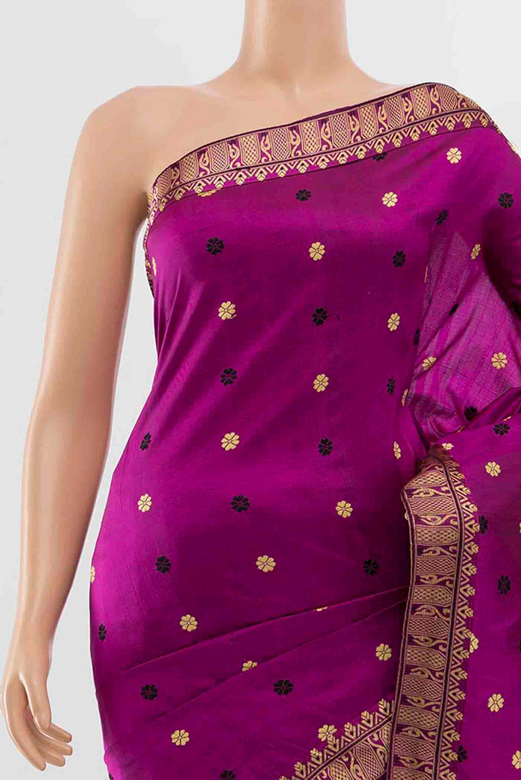 Border image of Magenta Assam Silk Saree with Zari Butta on the body and Silk Border