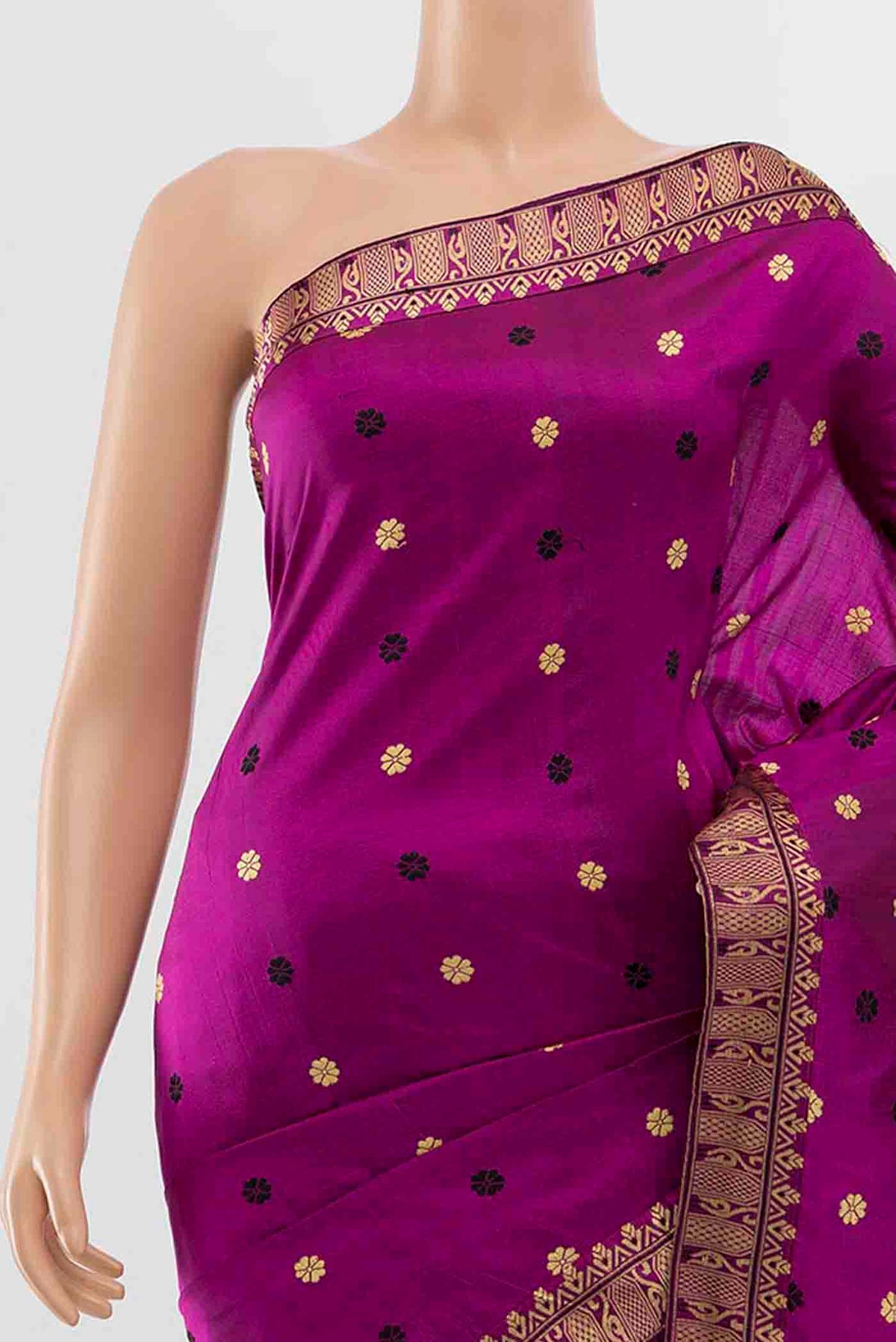 Border image of Magenta Assam Silk Saree with Zari Butta on the body and Silk Border