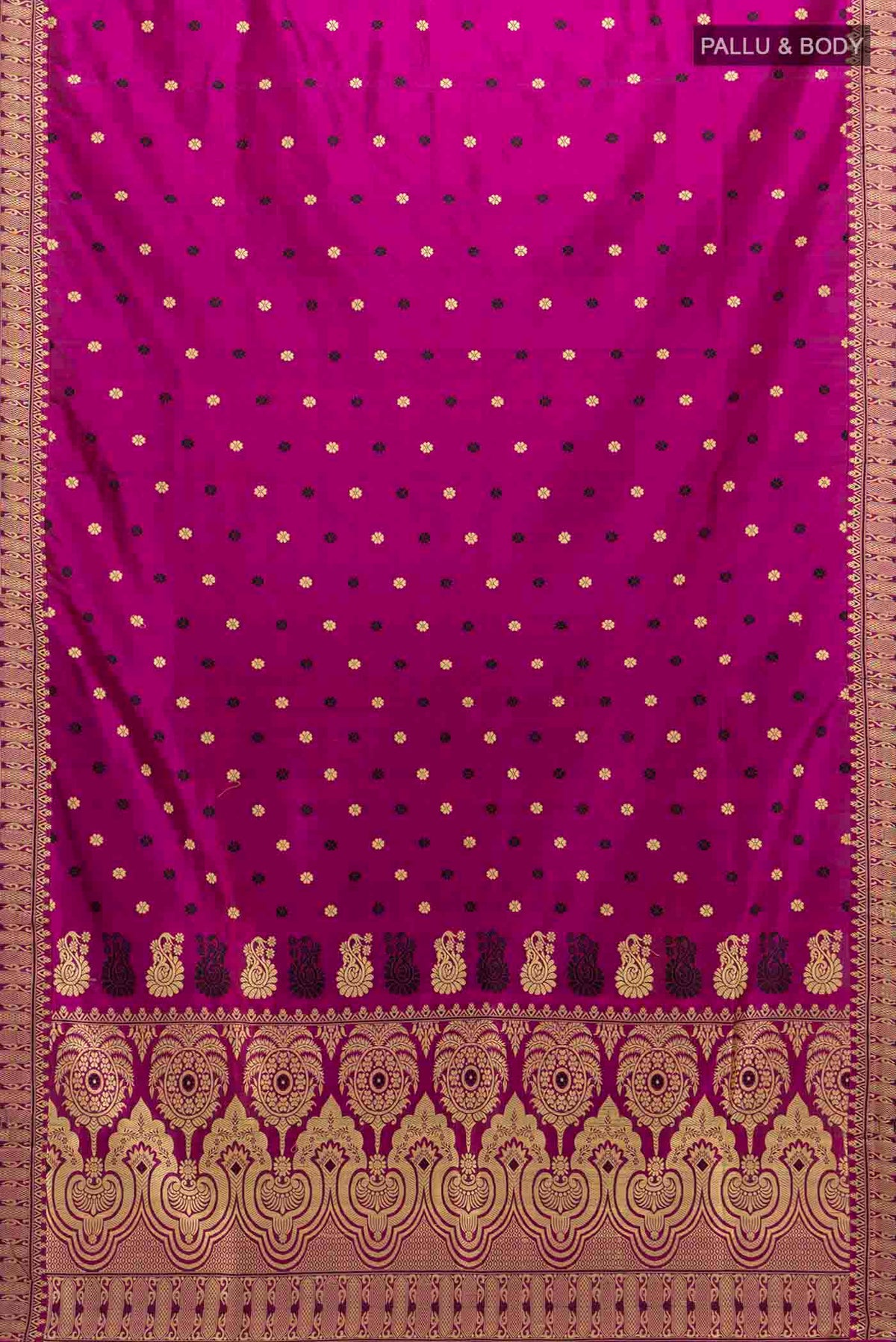 Flat view of Magenta Assam Silk Saree with Zari Butta on the body and Silk Border