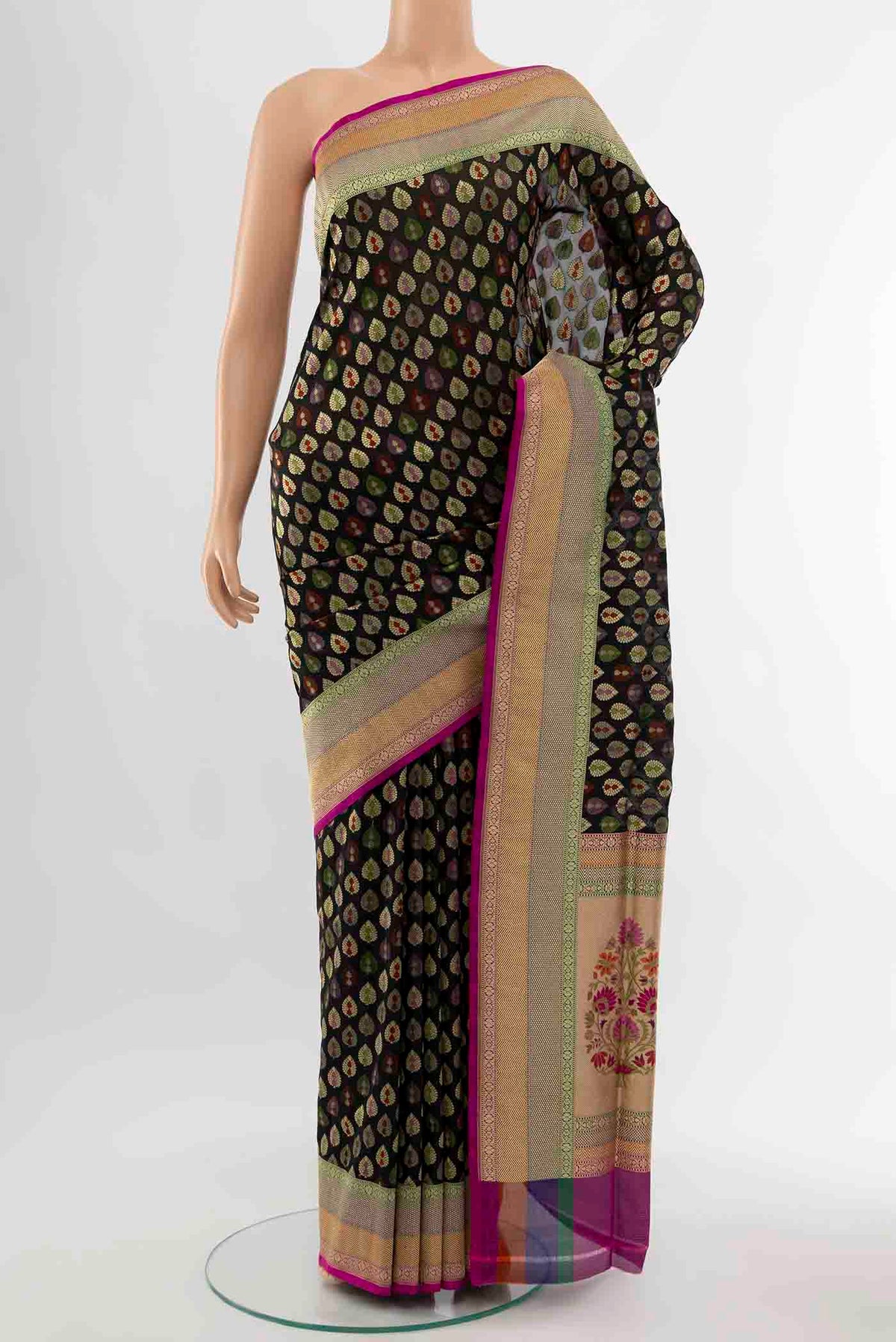 Black Banarasi Silk Saree with Zari Butta on the body and Fancy Border displayed on a mannequin