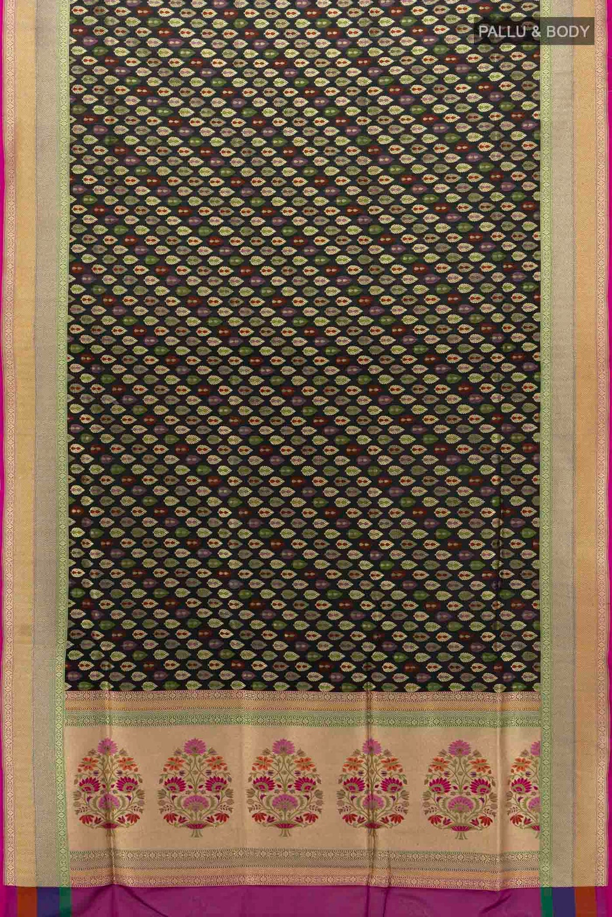 Flat view of Black Banarasi Silk Saree with Zari Butta on the body and Fancy Border